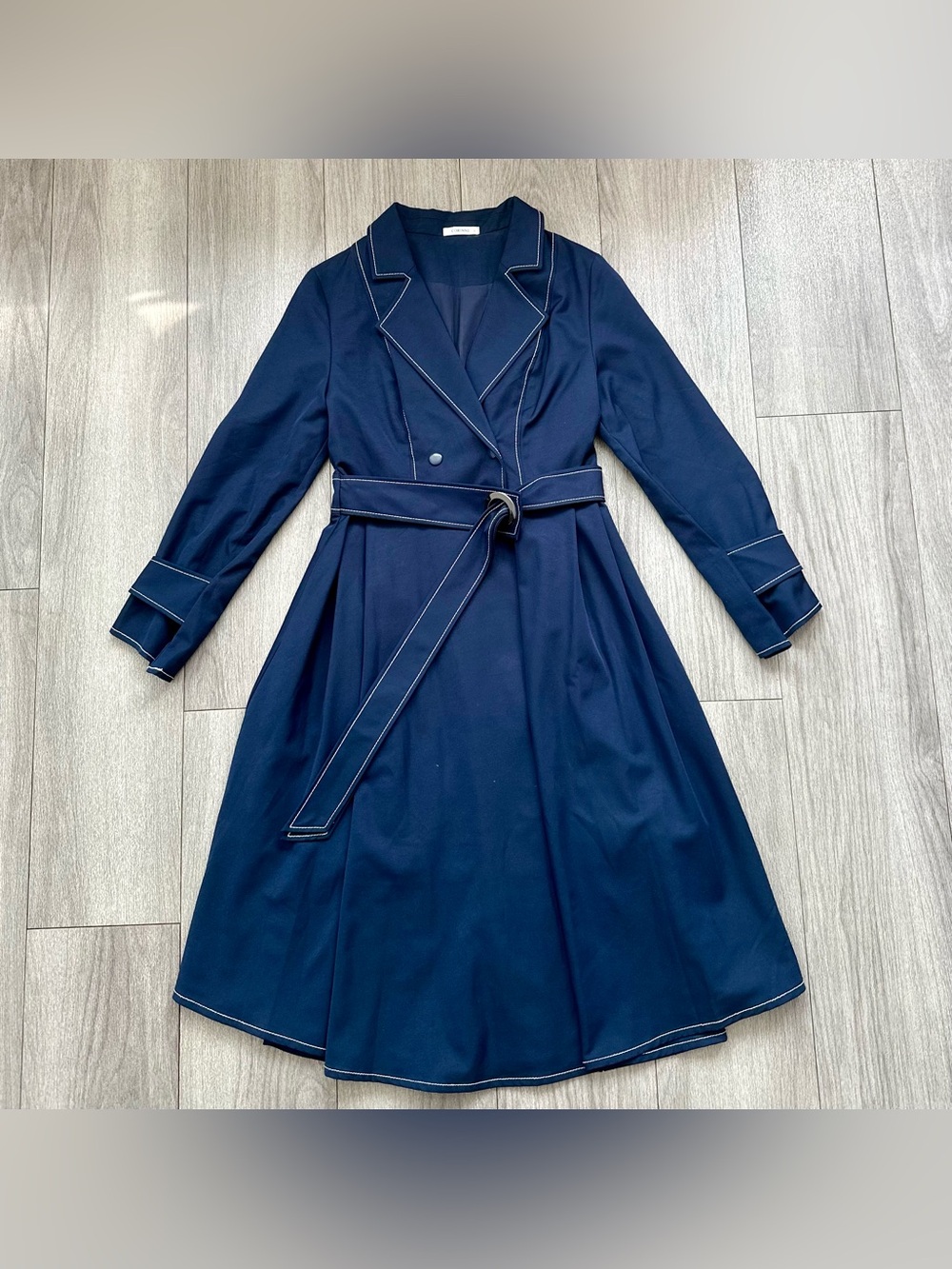 CORINNE Navy Contrast Stitching Trench Coat Belted Double Breasted Midi Dress S
